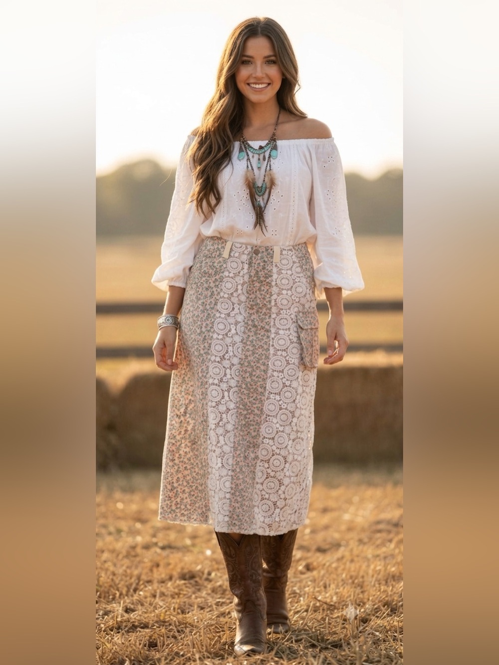 POL Boho Crochet Panel Maxi Skirt - Cream & Green - Picture 6 of 7